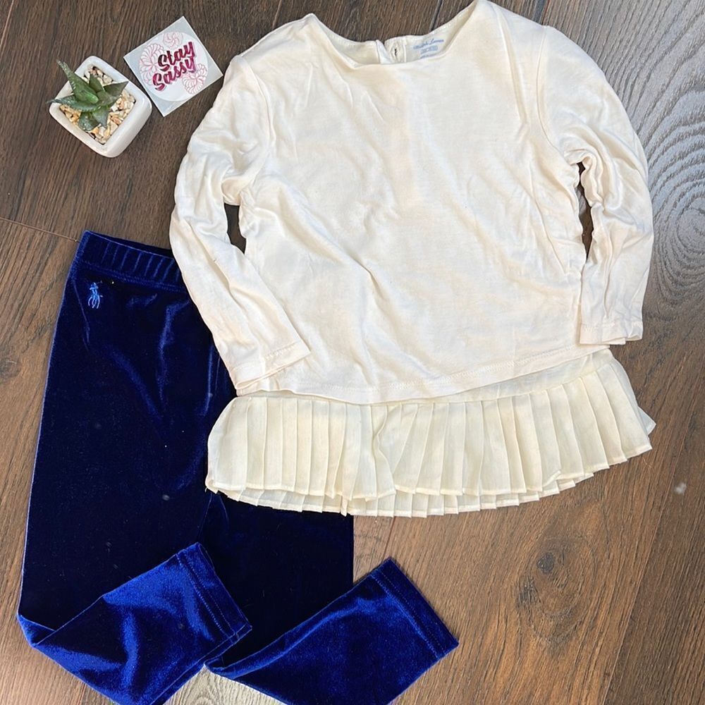 EUC Ralph Lauren Holiday Set Bottom Set Blue Velvet Leggings + Ivory Pleated Top